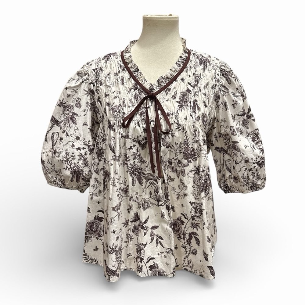 She + Sky Toile Print Puff Sleeve Blouse Peasant Top Size S New